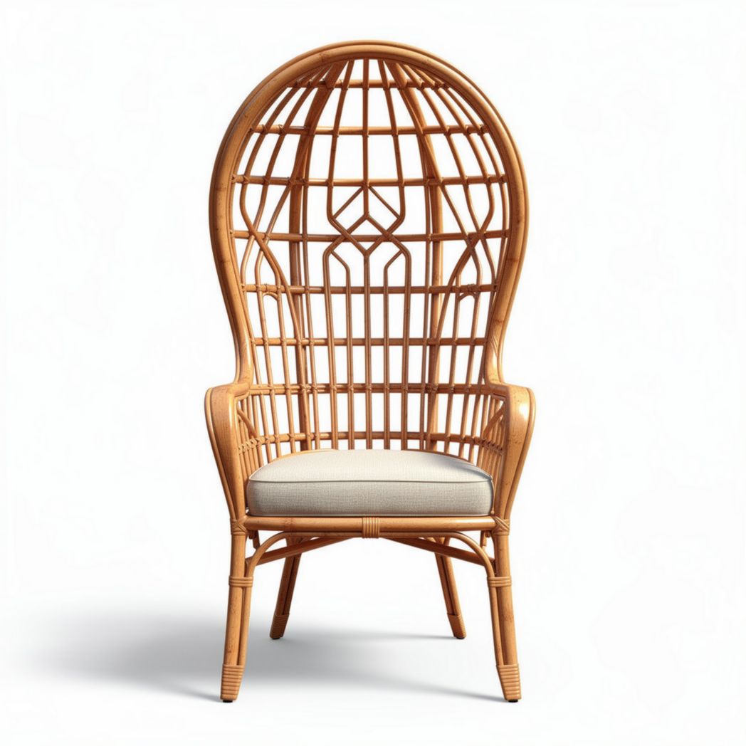 White carved rattan chair with high backrest for indoor and outdoor use