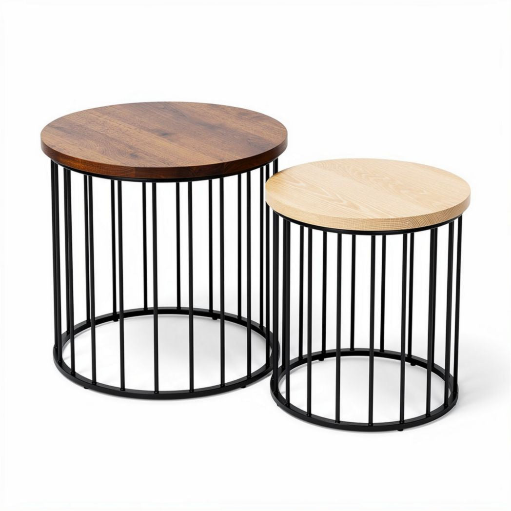 Wooden top nesting tables with metal frame set of 2 brown and natural finish
