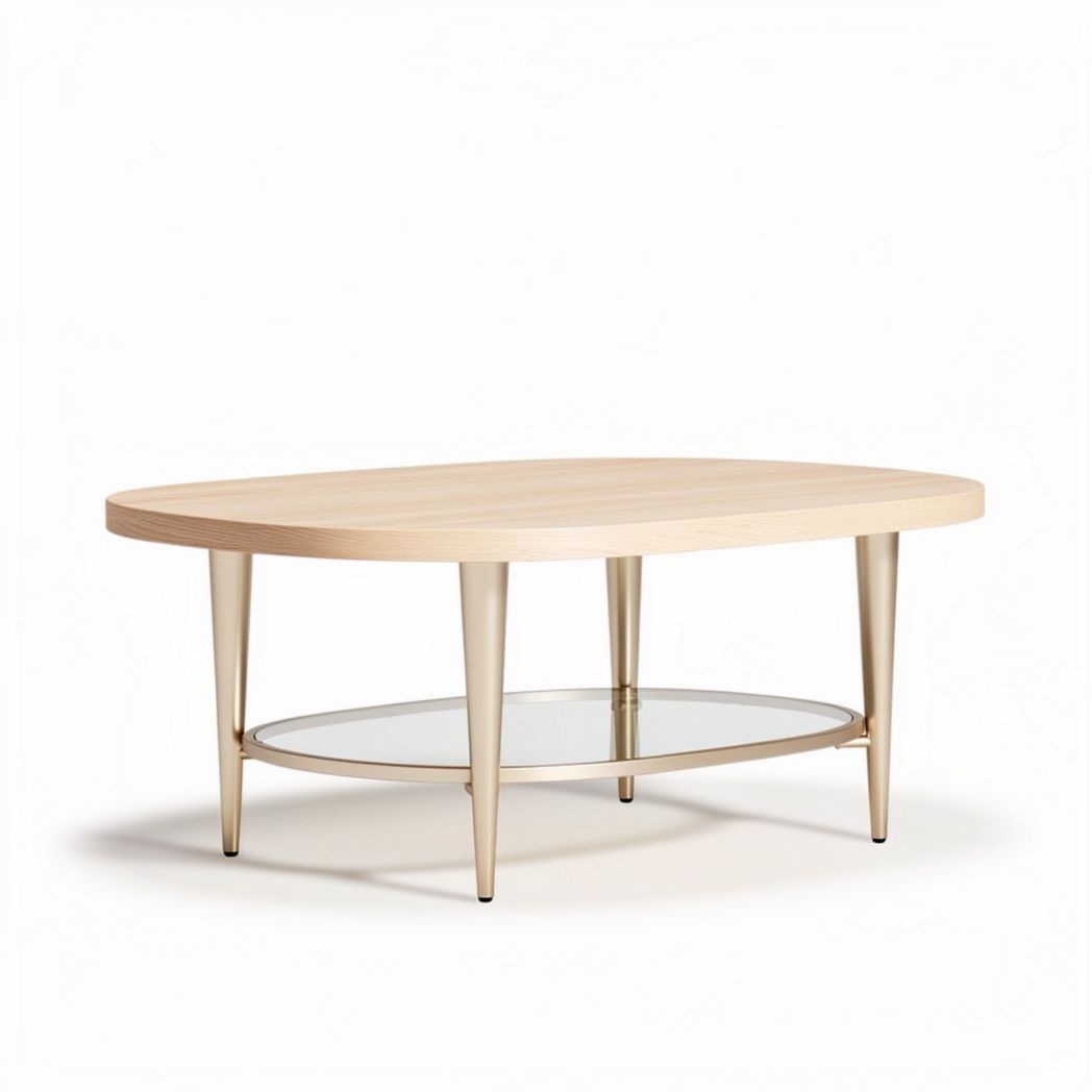 Oval coffee table with wooden top and glass shelf 120 x 60 x 45cm