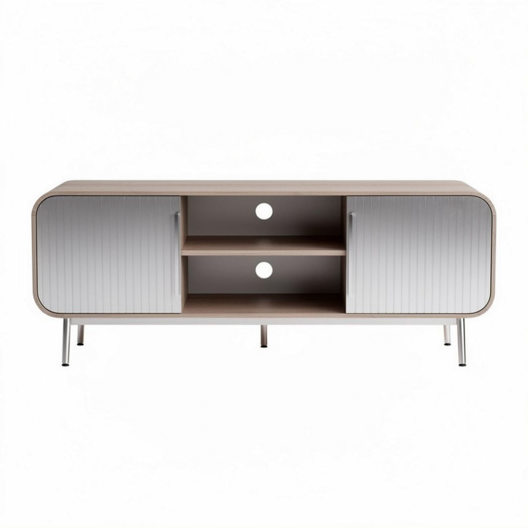 Wooden media console with sliding doors and metal legs 150 x 40 x 50cm