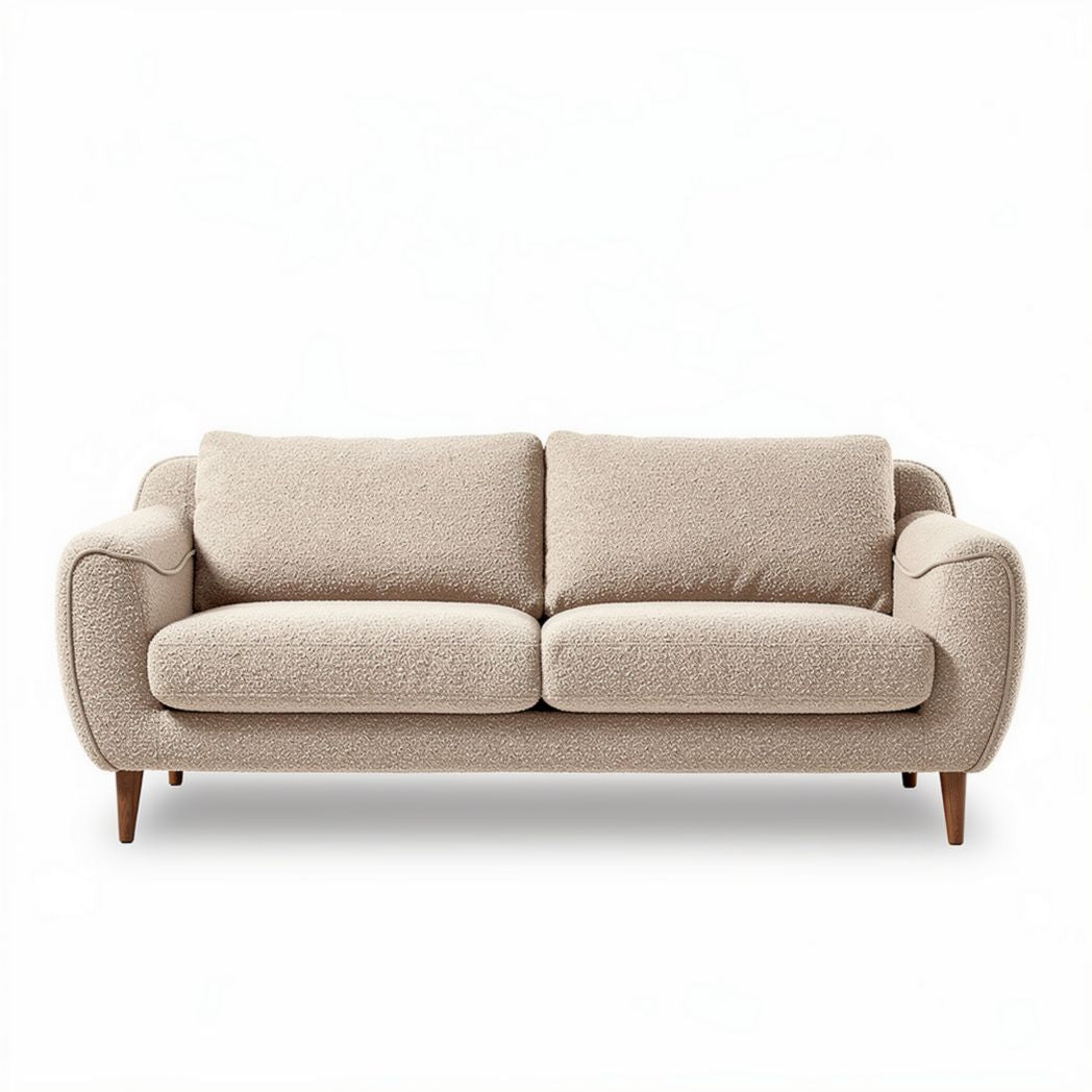 Beige upholstered sofa with wooden legs suitable for living room use 185 x 85 x 85cm
