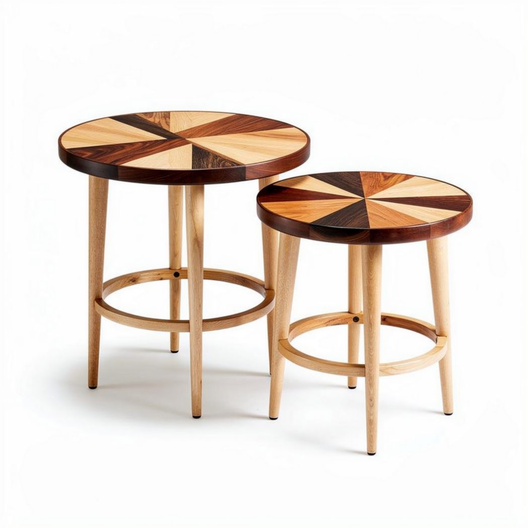Wooden nesting coffee tables with geometric design and natural finish 30 x 30 x 45cm