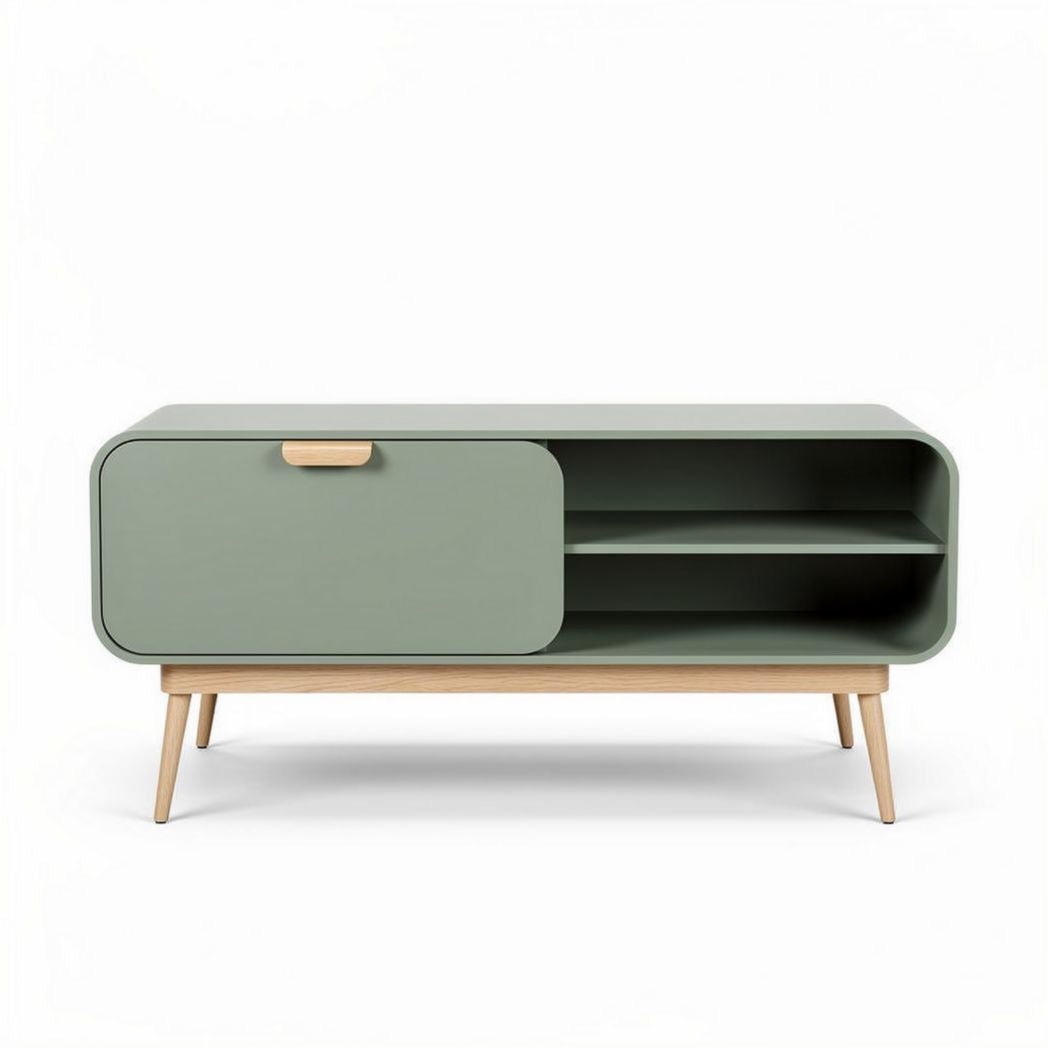 Modern green storage cabinet with wooden legs 120 x 40 x 50cm