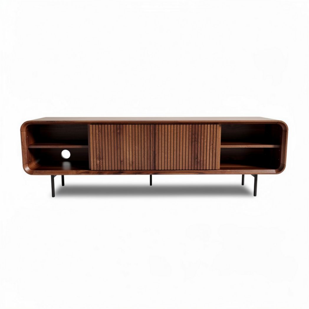 Wooden TV stand with ribbed doors and open shelving 60 x 15 x 20 inches
