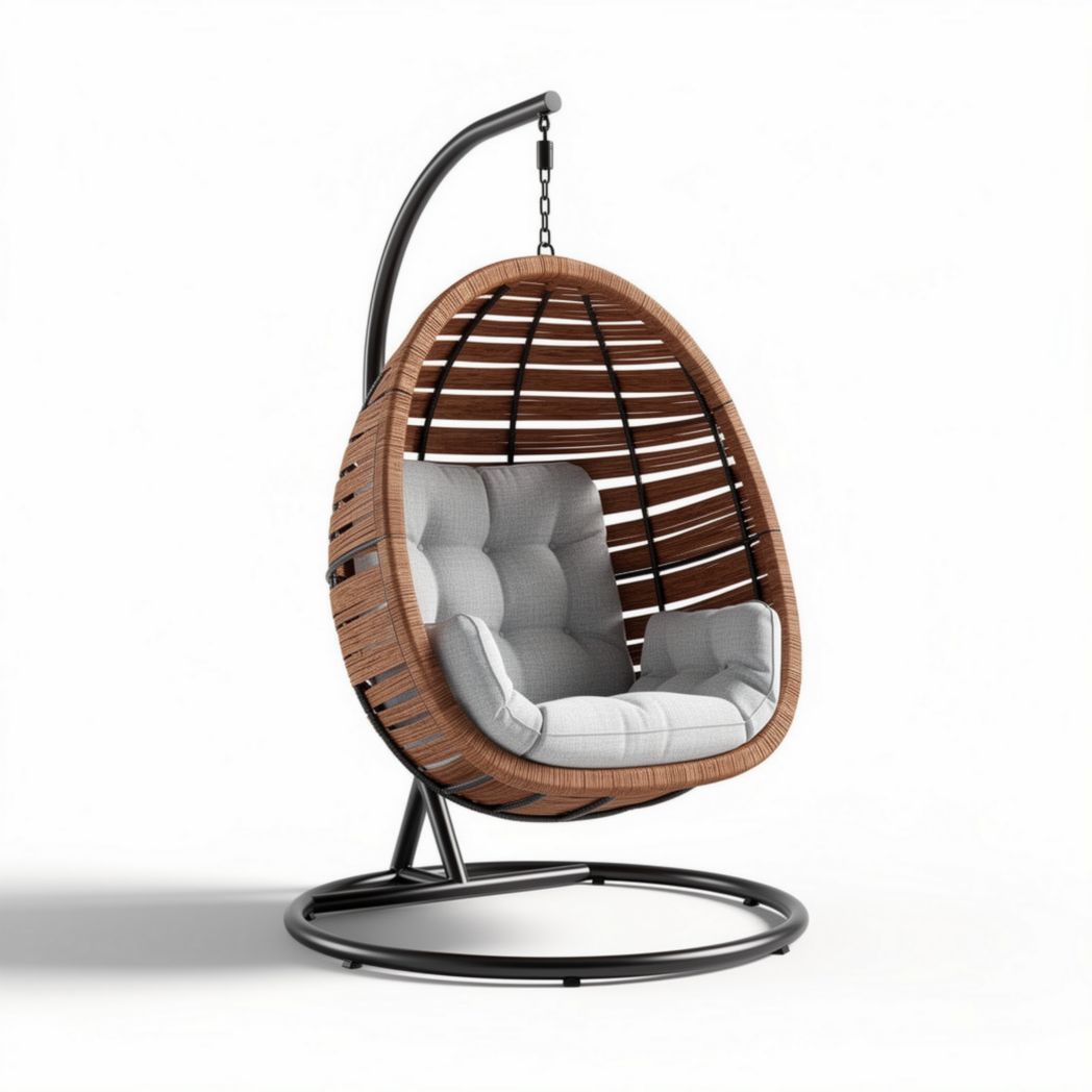Hanging egg chair with cushioned seating and metal frame in brown and gray