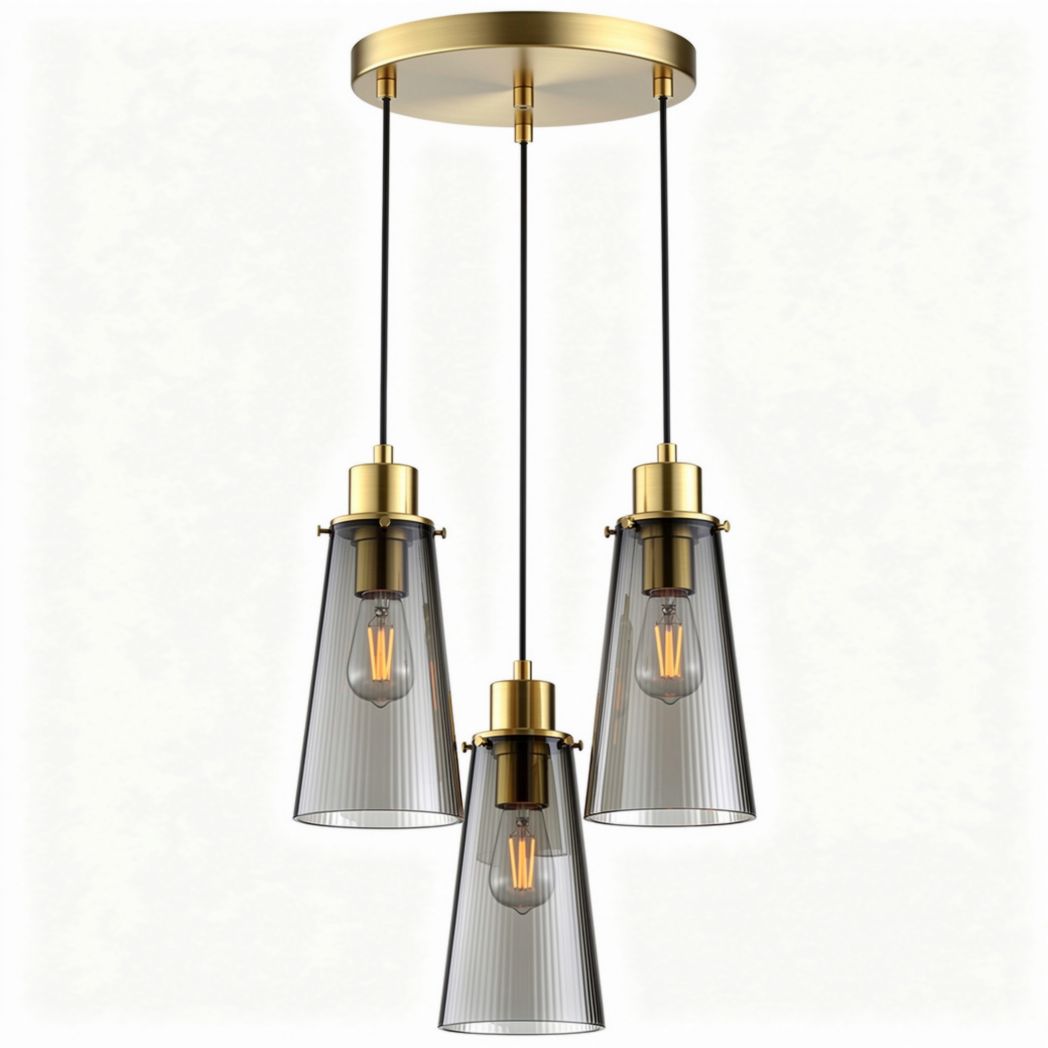 Three-light pendant lamp with glass shades in gold finish 30 x 30 x 100cm