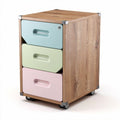 Rolling storage cabinet with three pastel drawers and wood finish 40 x 30 x 60cm