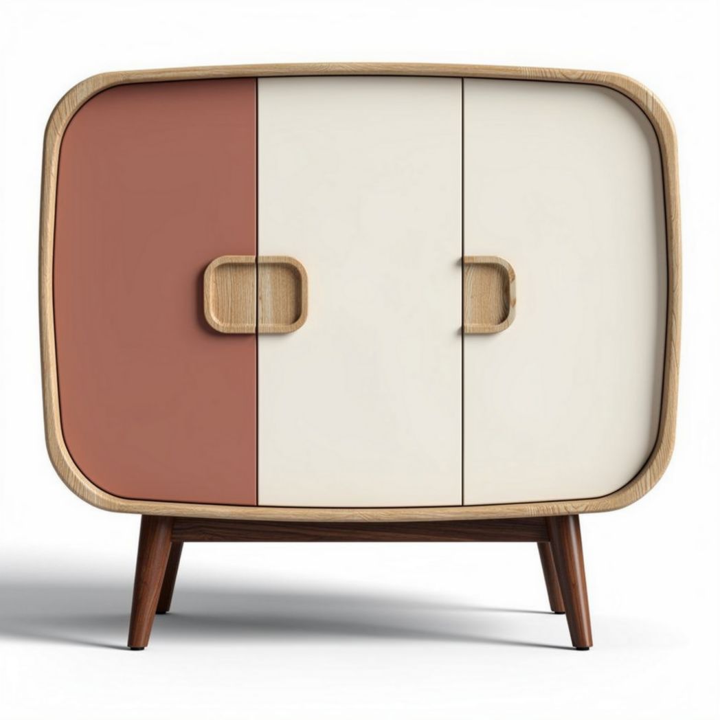 Modern wooden storage cabinet with three doors in pink white and beige 75 x 40 x 50cm