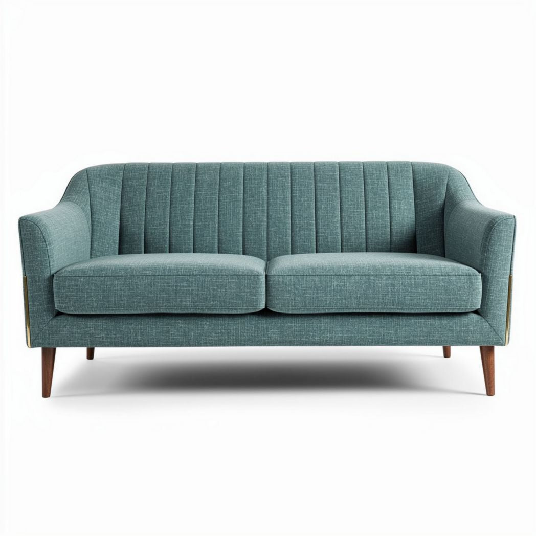 Mid-century modern teal fabric sofa with wooden legs 180 x 80 x 75cm